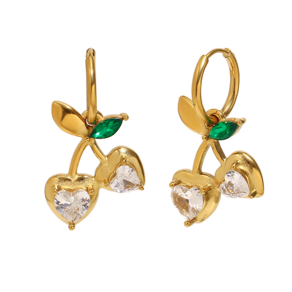 Collana Minimalista da Donna a Forma di Ciliegia in Acciaio Inossidabile con Placcatura in Oro 18 carati e Strass Trasparenti