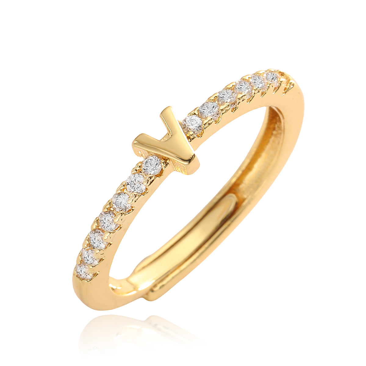 Anello in Rame Geometria Minimalista con Placcatura in Oro 18K e Zirconia Cubica, Design Regolabile a Lettera per Donna