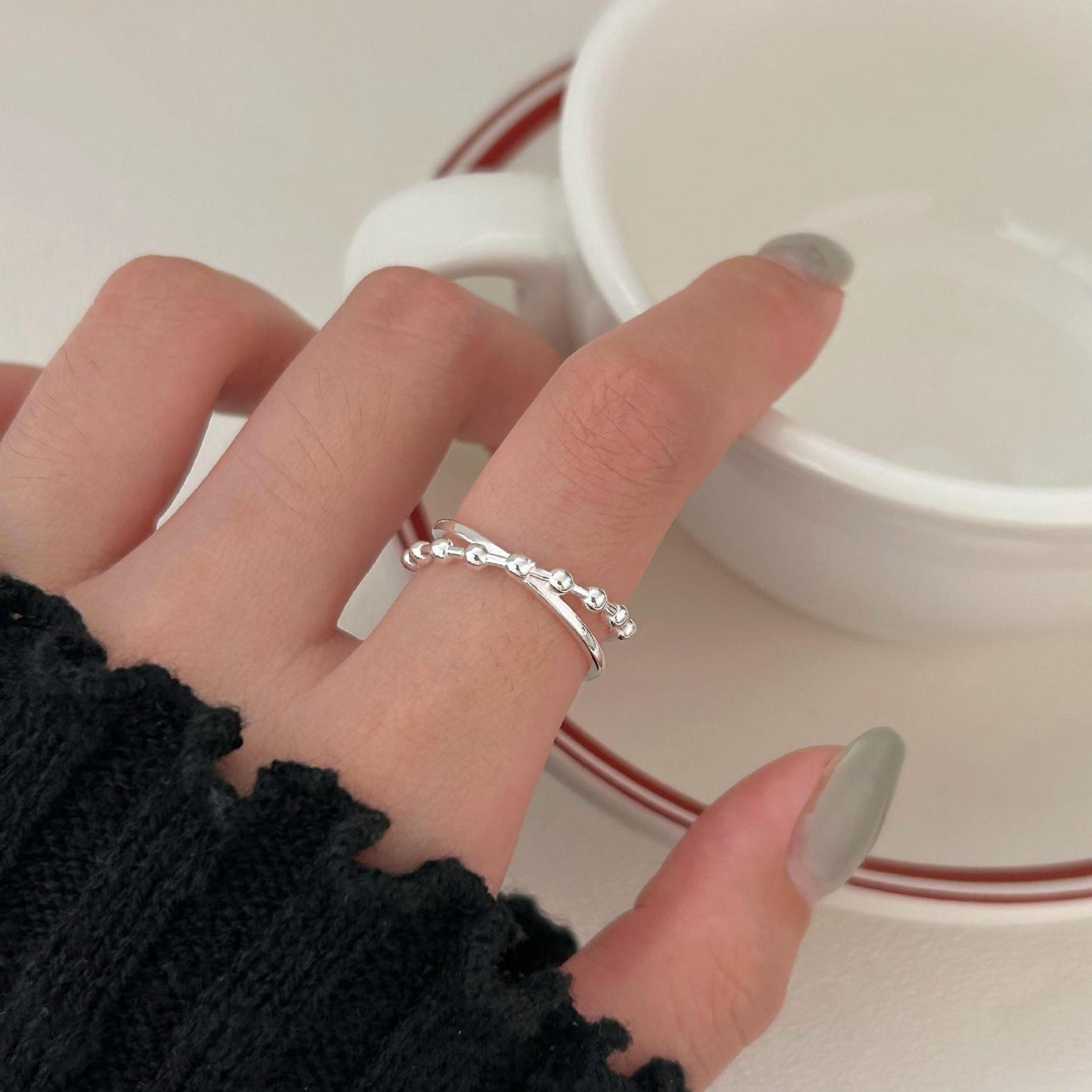 Minimalist Sweet 925 Sterling Silver Infinity Beaded Open Ring for Women