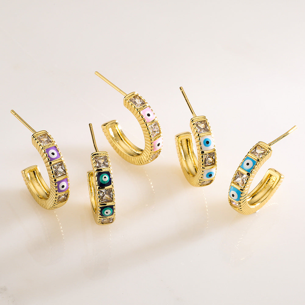 Vintage Geometric Eye-Shaped Copper Earrings with Gold Plating and Enamel Detail for Women
