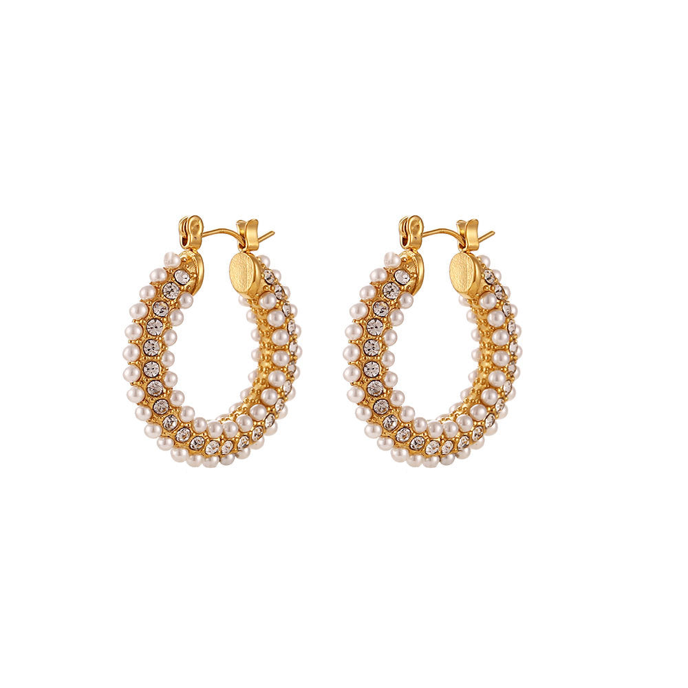 Minimalist Luxe Stainless Steel Plated 18K Gold Hoop Earrings with Zircon and Pearl Inlay for Women