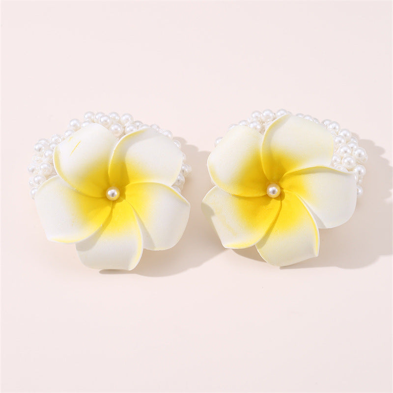 Anello per Capelli in Tessuto Bicolore Color Crema Minimalista e Carino con Perla Artificiale e Fiore di Frangipane per Bambini