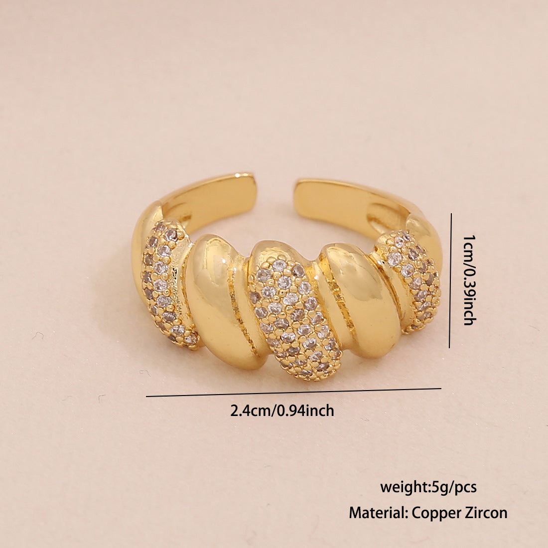Fashionable Geometric Women's Adjustable Ring in Copper with Zircon Inlay and Linear Design