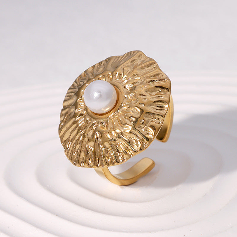 Minimalist Geometric Stainless Steel Ring for Women with 18K Gold Plating and Textured Pleated Detail