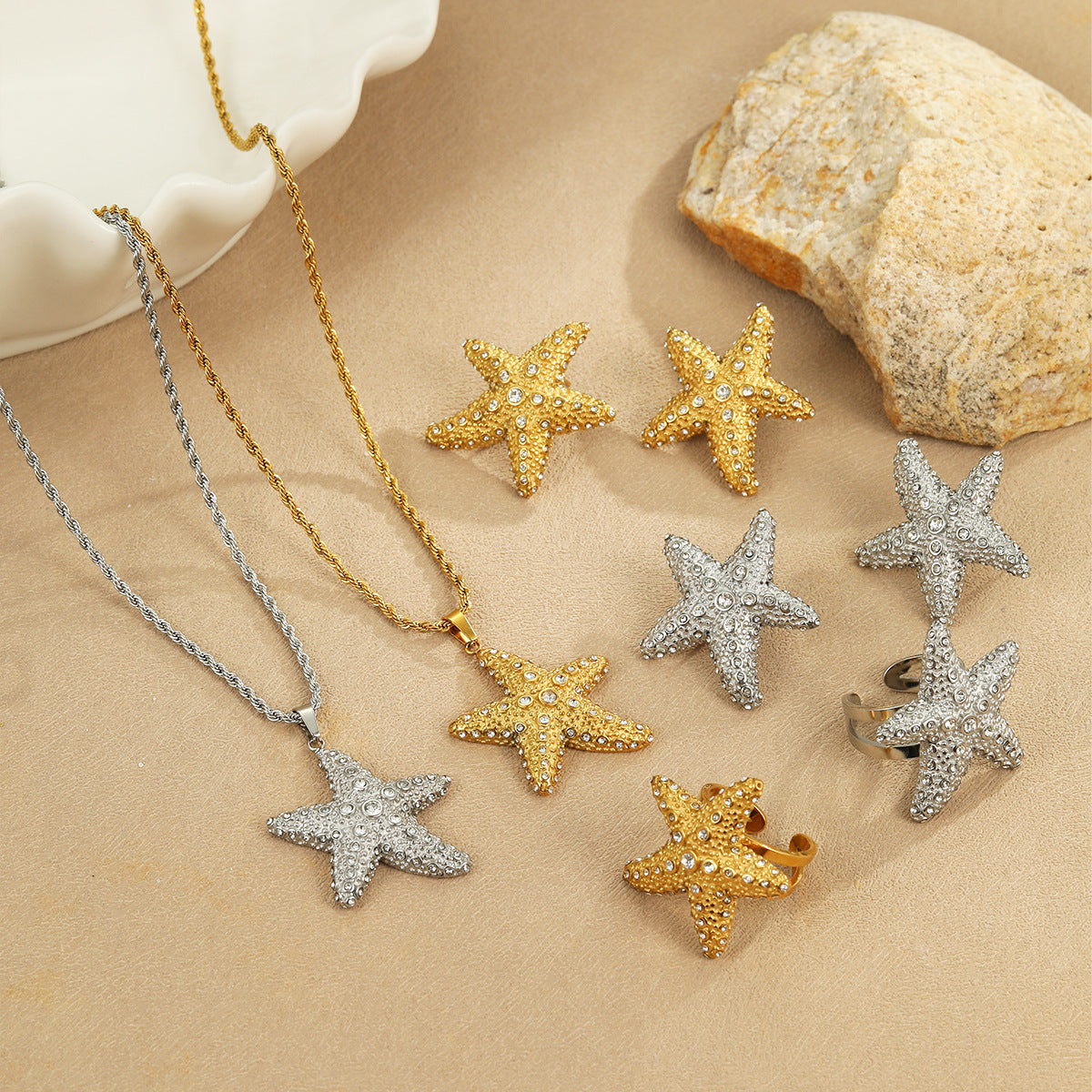 Set di collana, orecchini e anello a forma di cuore in acciaio inossidabile, con stella marina, placcato, gioielli da donna ispirati all'oceano