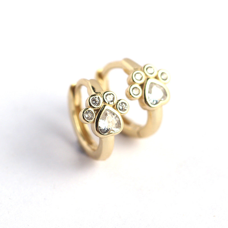 Sweet 925 Sterling Silver Inlaid Diamond Cat Paw Hoop Earrings