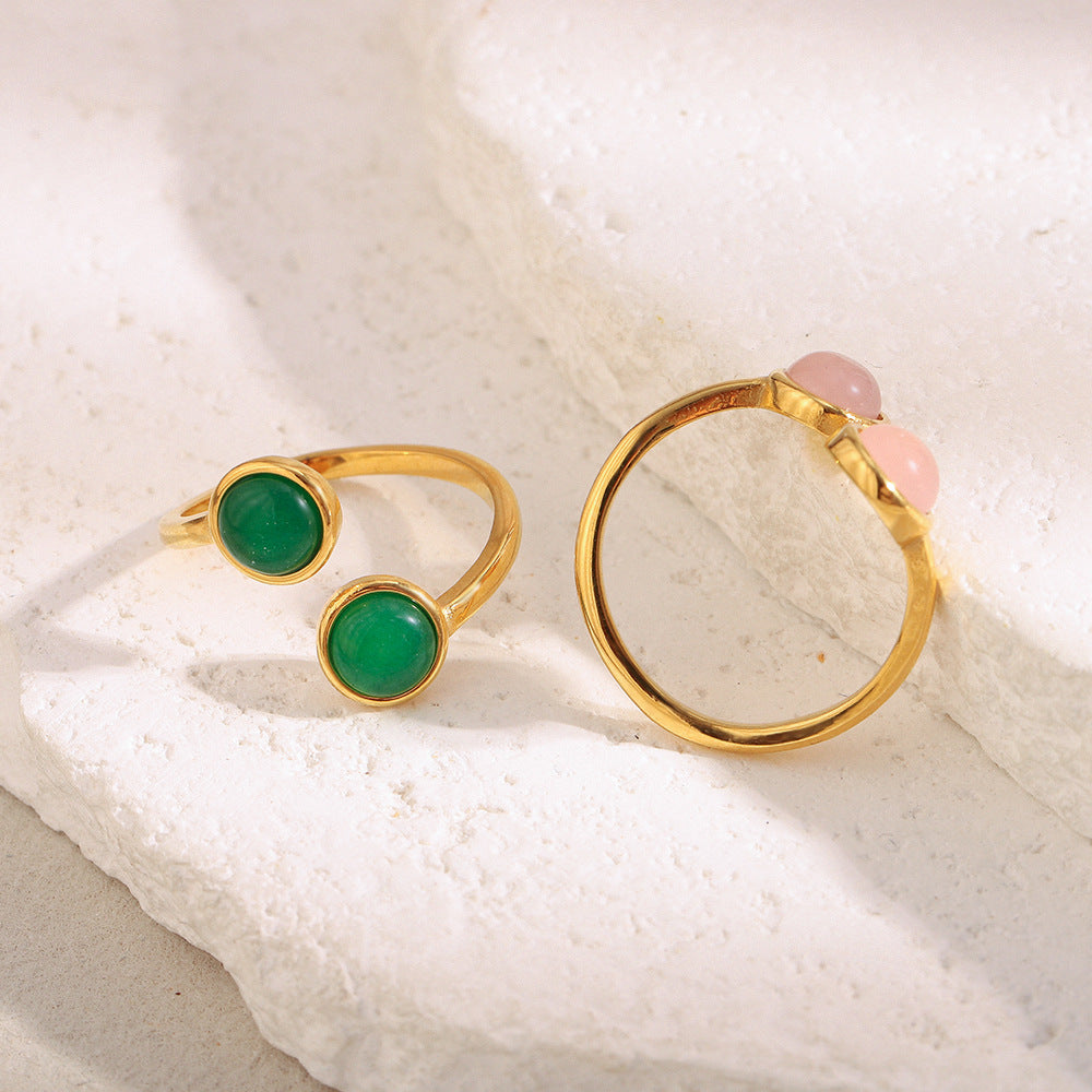 Elegant Vintage French-Style Geometric Stainless Steel Plated 18K Gold Open Ring for Women with Green Agate