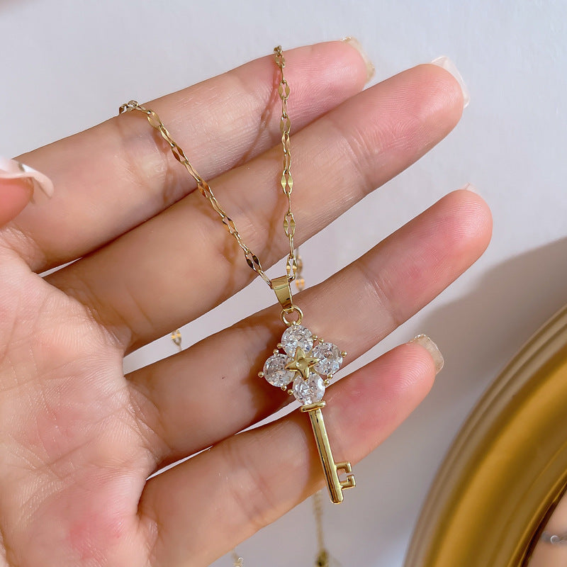 Retro-Style Key-Shaped Titanium Steel Necklace for Women with Plated Finish, Lip Chain Design, Tassel Pendant, Clavicle and Sweater Chain