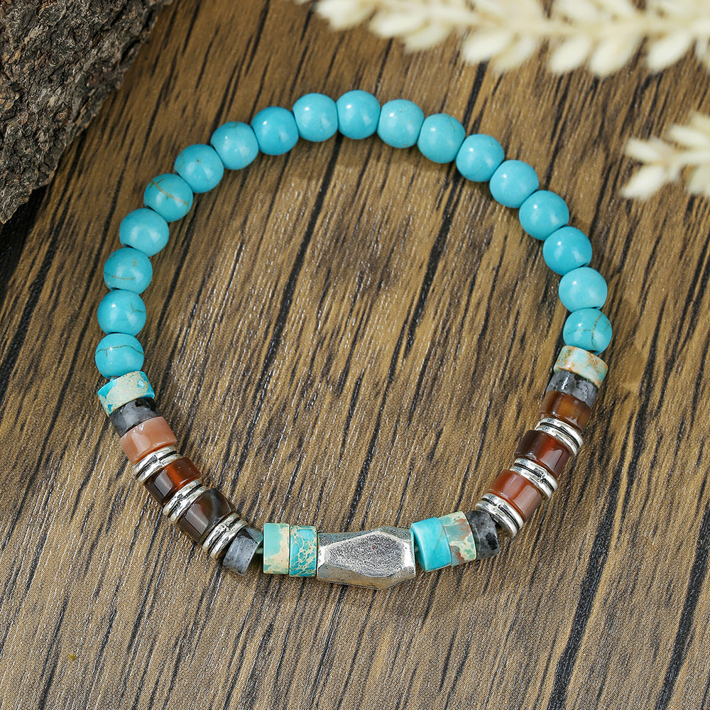 Vintage Handmade Geometric Turquoise and Hematite Beaded Bracelet for Unisex