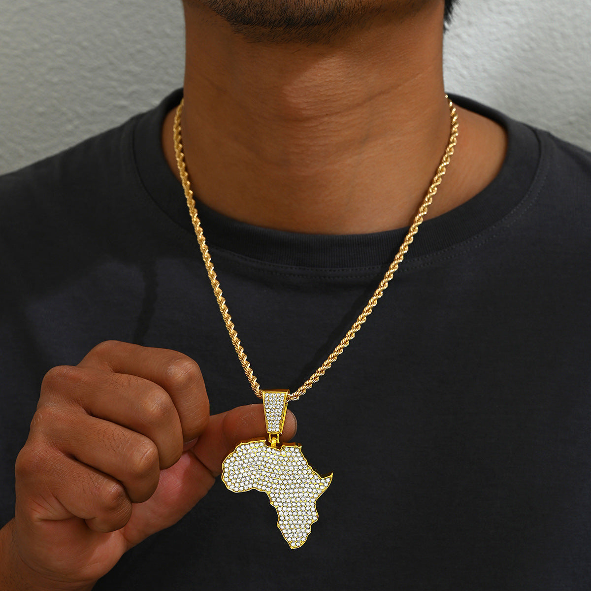 Hip Hop Style Geometric Rhombus Map Pendant Necklace for Men with Cubic Zirconia Inlay on Alloy Chain