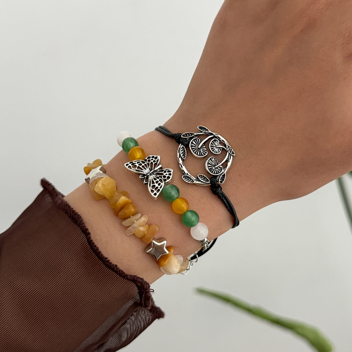 Vintage Ethnic Star-Shaped Alloy Bracelet for Women with Butterfly Mushroom and Botanical Motifs Natural Sun and Star Accents Handmade