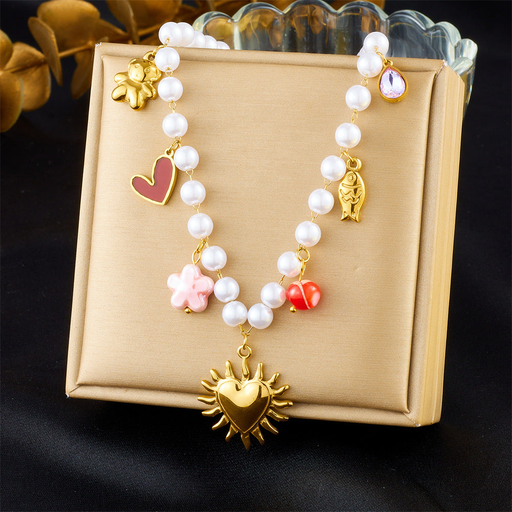 Vintage French-Style Heart-Shaped Gold-Plated Stainless Steel Pendant Necklace with Pearl Chain
