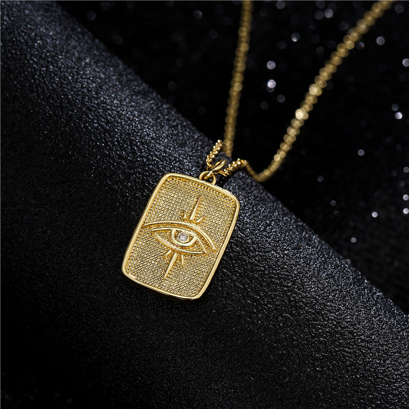 18K Gold Plated Brass Square Geometric Pendant Necklace with Micro-Inlay on Cable Chain