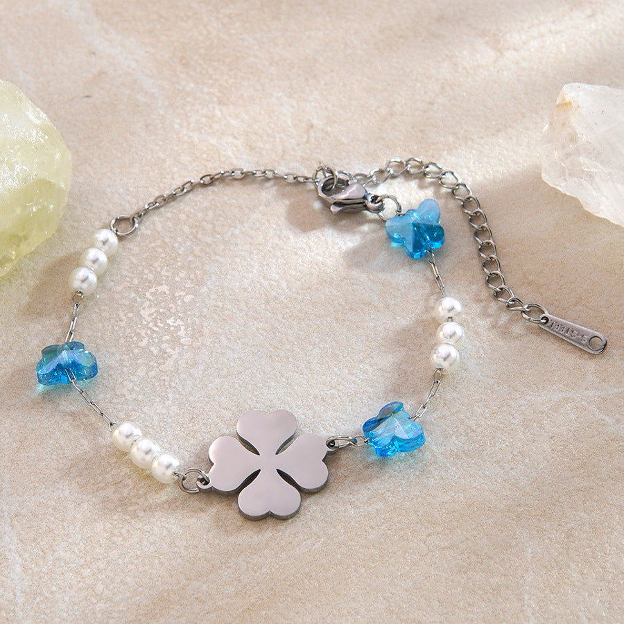 Vintage Floral Stainless Steel Bracelet with Pearl Inlay
