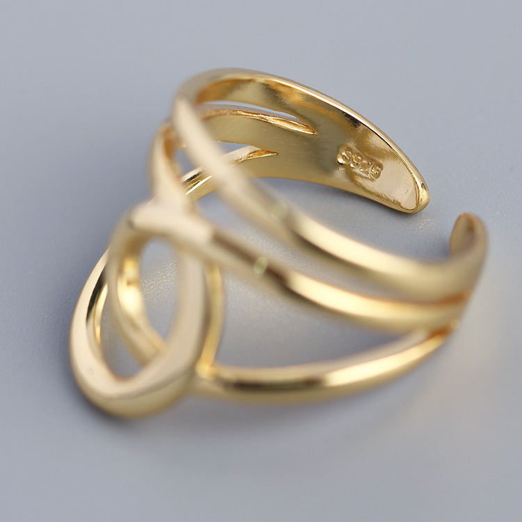 Anello aperto a doppio strato lucido geometrico in argento sterling 925 minimalista da donna