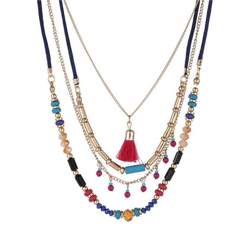 Vintage Geometric Handmade Beaded Multi-Layer Necklace