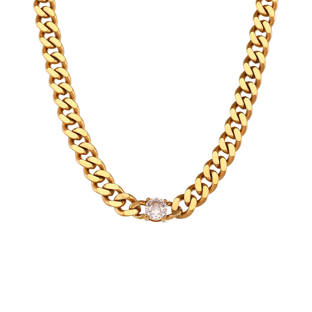 Fashion Geometric 18K Gold Plated Stainless Steel Cuban Chain Necklace with Round Zircon for Women