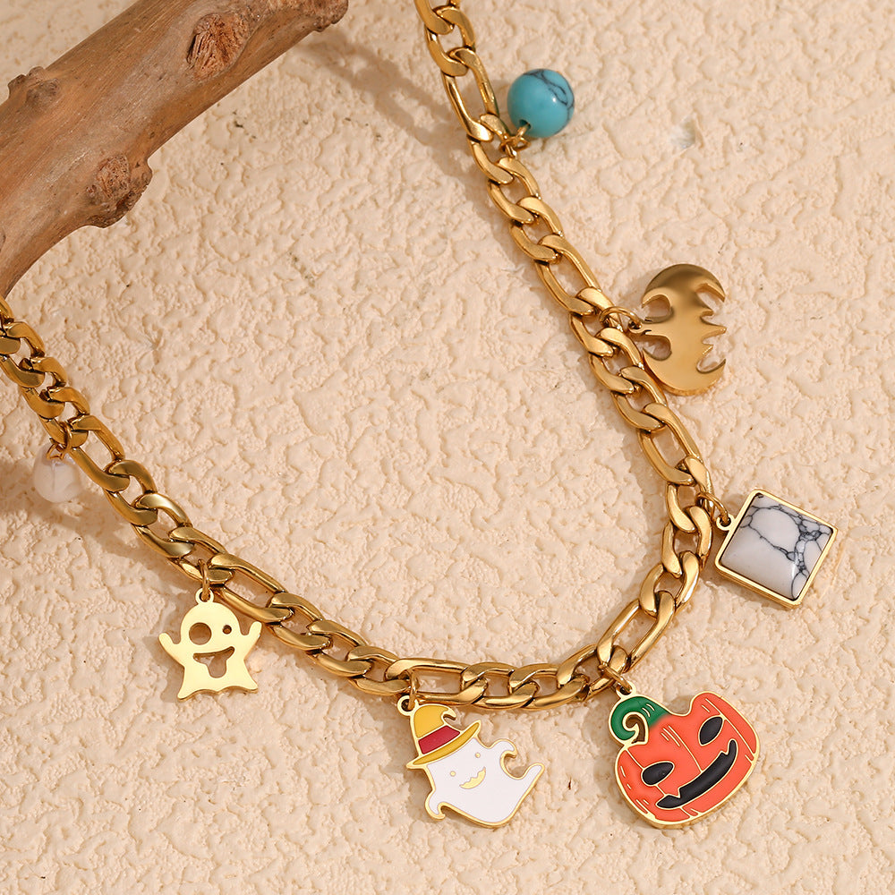 Cartoon Pumpkin Skull Pendant Necklace for Women Stainless Steel with 18K Gold Plating Halloween Themed Fashion Accessory