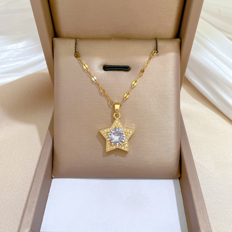 Minimalist Star-Shaped Titanium Steel Plated Necklace Earrings Ring Set with Cubic Zirconia for Women