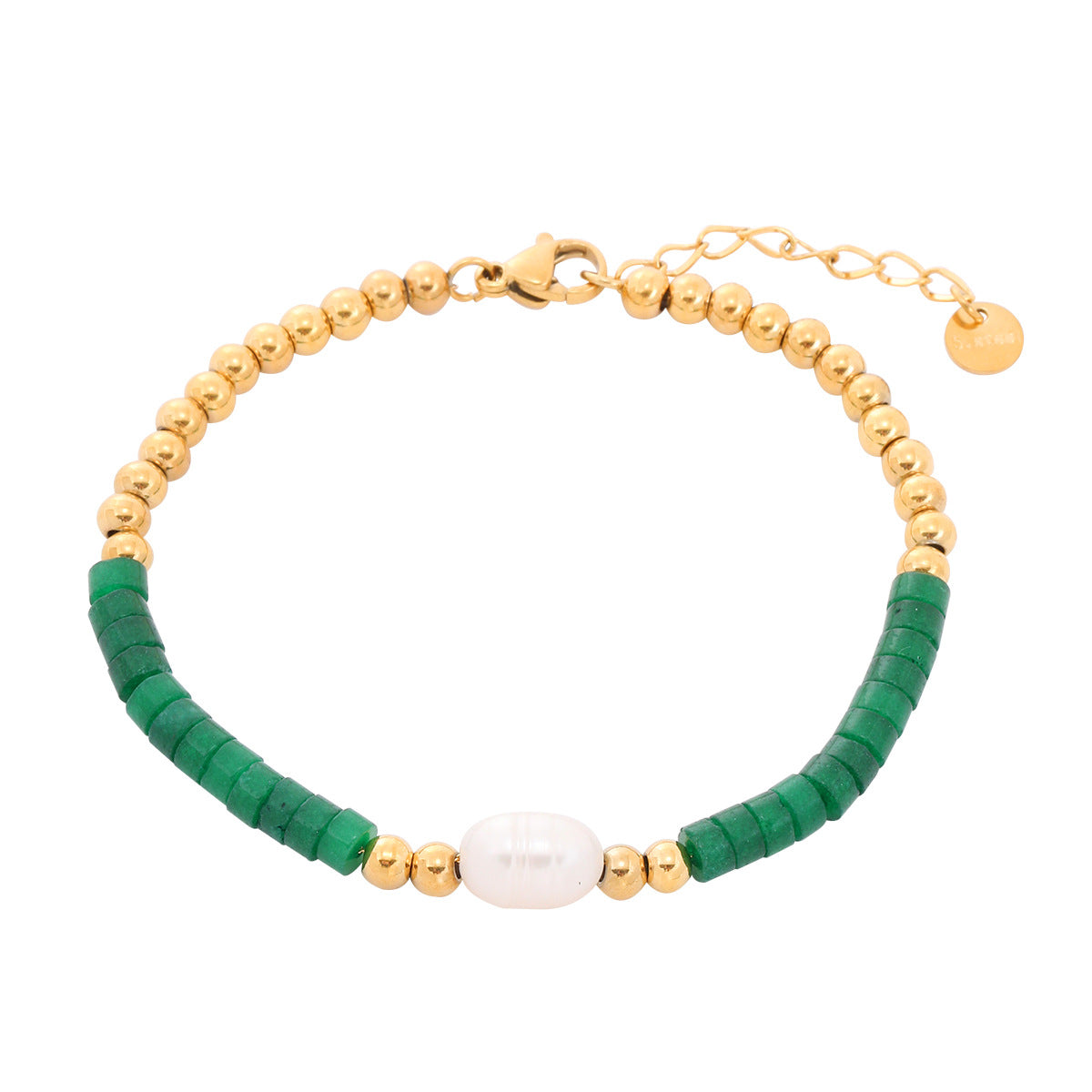 Bohemian Style Geometric Green Natural Stone and Pearl Bracelet in Titanium Steel with Plated Finish for Women