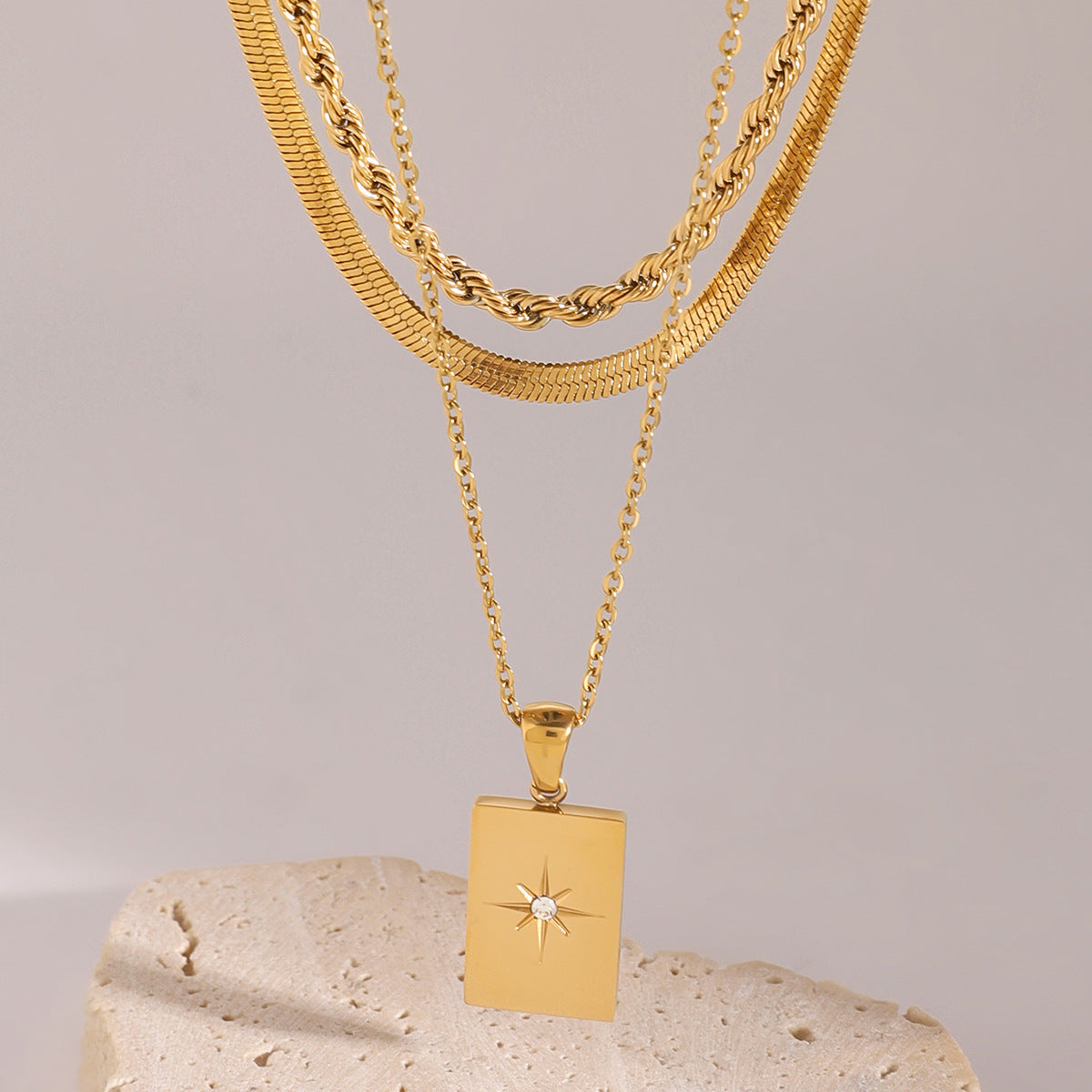 Minimalist Geometric Square Star Pendant Necklace in Stainless Steel with Plated Finish for Women