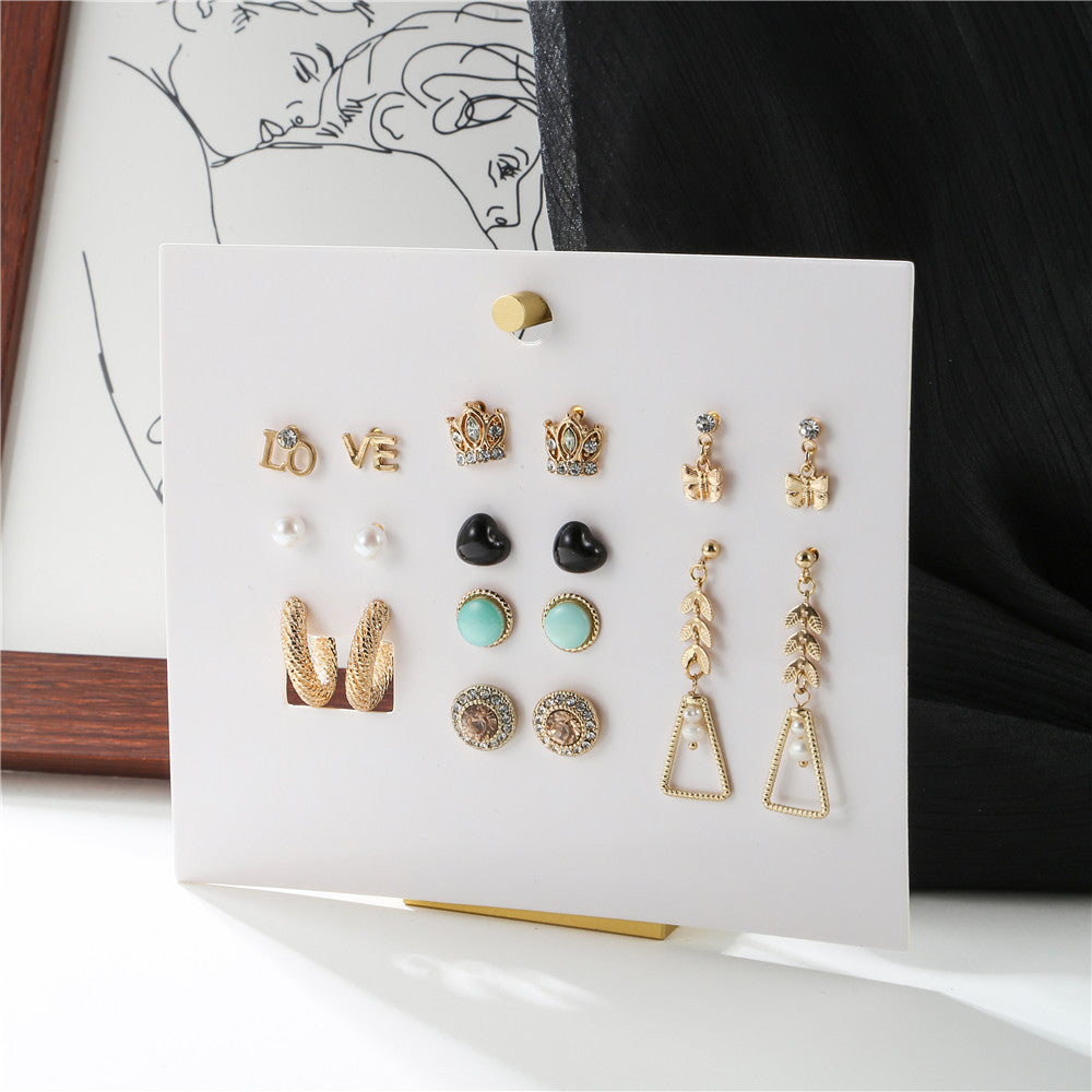 Vintage Geometric Butterfly Round Rhinestone and Pearl Plated Alloy Earring Set