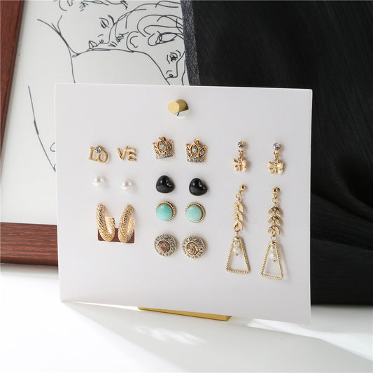 Vintage Geometric Butterfly Round Rhinestone and Pearl Plated Alloy Earring Set