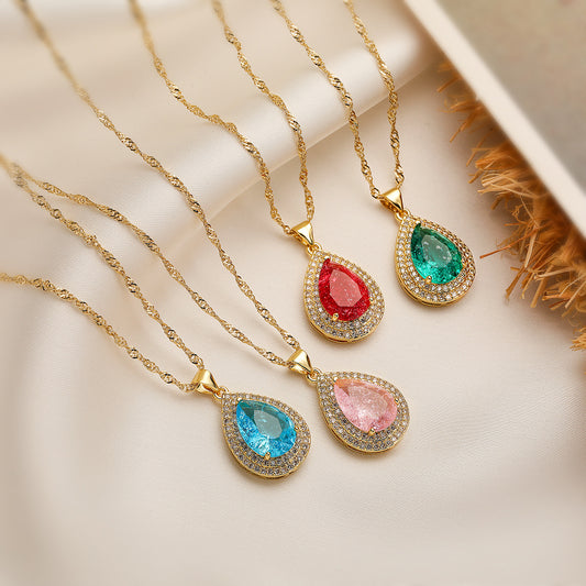 Collar minimalista con colgante de cobre en forma de lágrima, chapado en oro auténtico e incrustaciones de circonitas para mujer