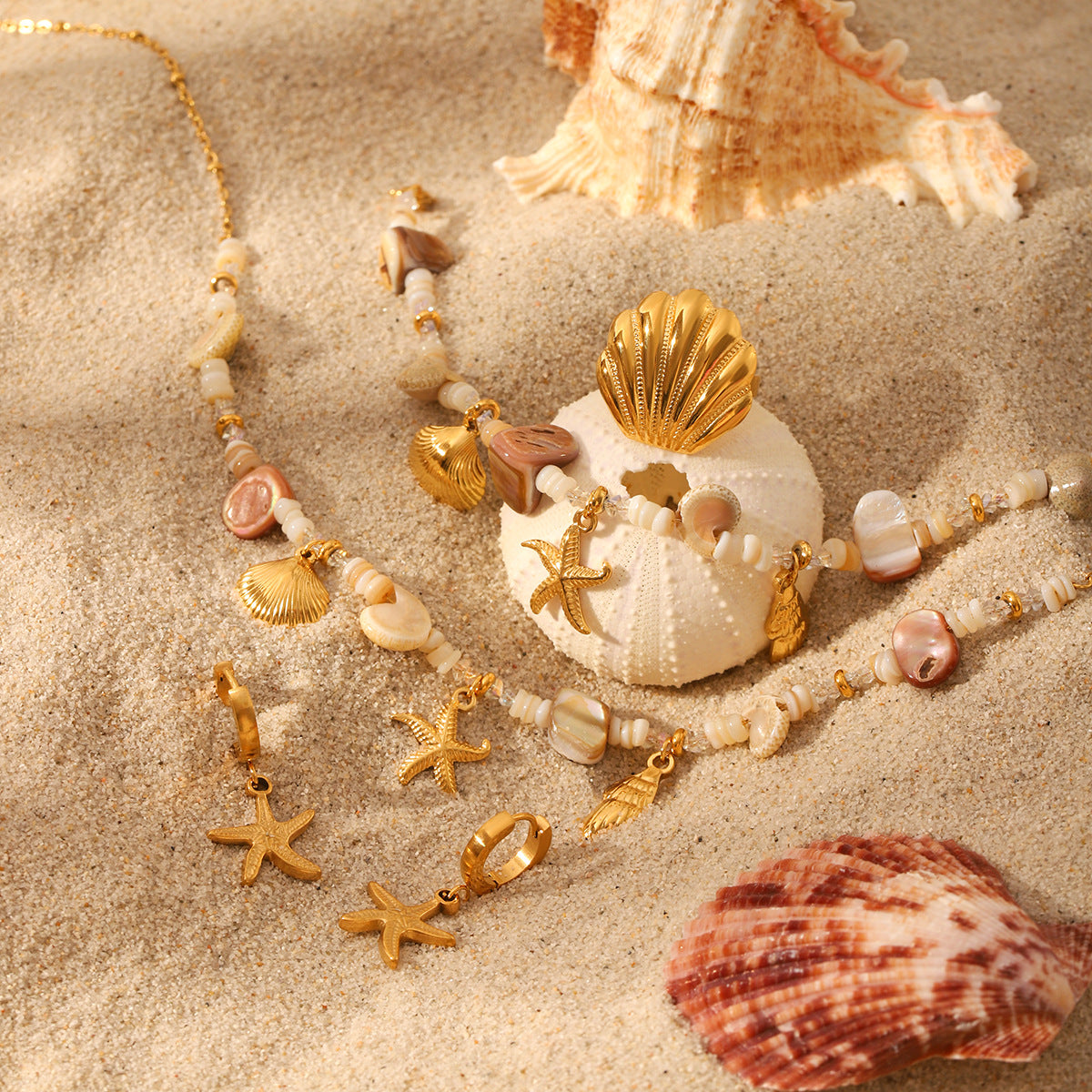 Ocean-Inspired Seashell and Starfish Pendant Necklace Set in Titanium Steel with Electroplated Stainless Steel Chain for Women