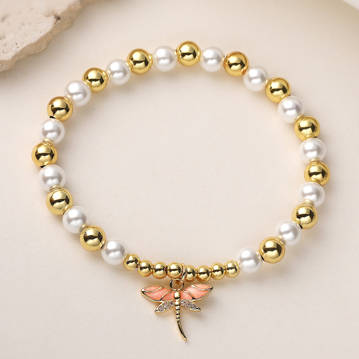 Elegant 18K Gold Plated Brass Geometric Dragonfly Pendant Bracelet with Cubic Zirconia Pearl and Drip Oil for Women