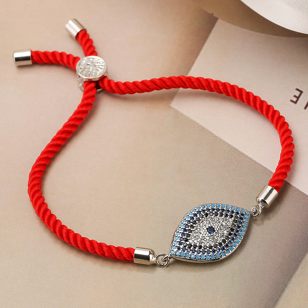 Geometric Evil Eye Rhinestone Micro-Paved Copper Bracelet for Women with Red Cord
