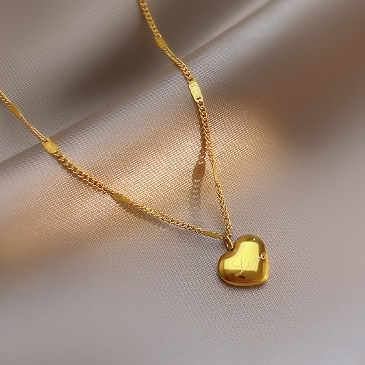 Collana con Ciondolo d'Amore a Cuore Carina e Fresca in Acciaio al Titanio Placcato Oro 18K da Donna con Catena Goffrata