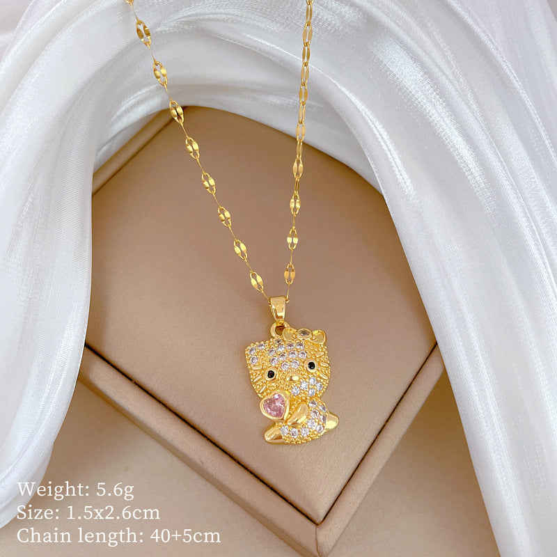 Collana Pendente Gatto Lusso Dolce Geometrico Strass in Acciaio al Titanio Unisex