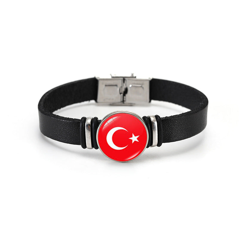 Geometric Plated Leather Bracelet Unisex World Cup Flag Design Casual Wristband