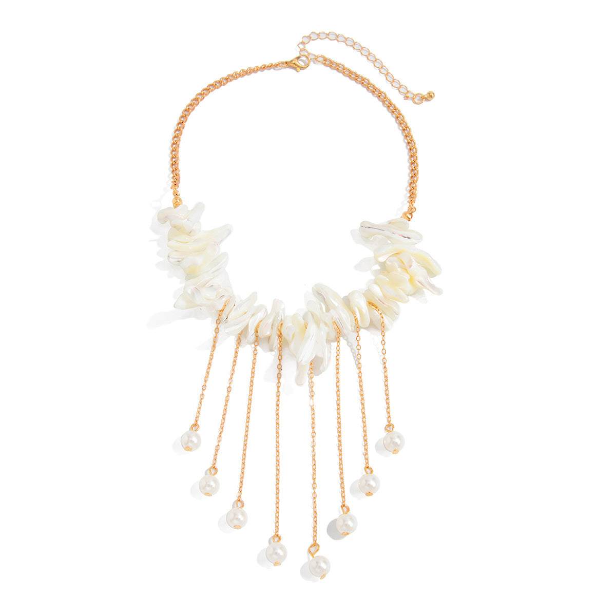 Sweet Geometric Iron Plated Necklace with Faux Pearl and Shell Tassel for Women