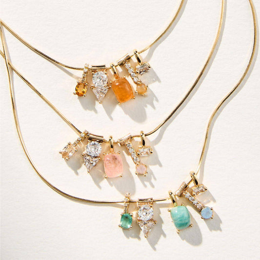 Vintage 14K Gold Plated Brass Stainless Steel Opal Crystal Cubic Zirconia Charm Bar Corn Chain Unisex Necklace