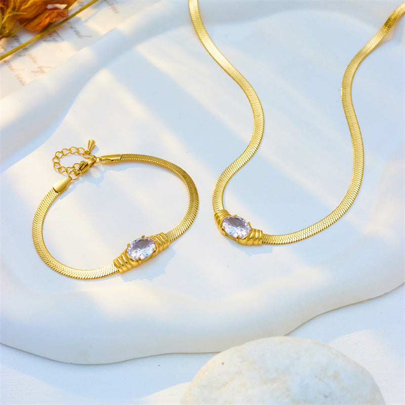 Set collana e bracciale a catena snake in acciaio inossidabile stile vintage minimalista con dettagli in strass sfaccettati
