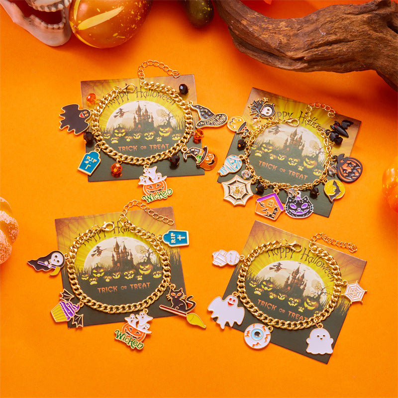 Pulsera con colgante de calabaza, murciélago y fantasma con temática de Halloween para mujer, diseño geométrico de aleación, regalo festivo