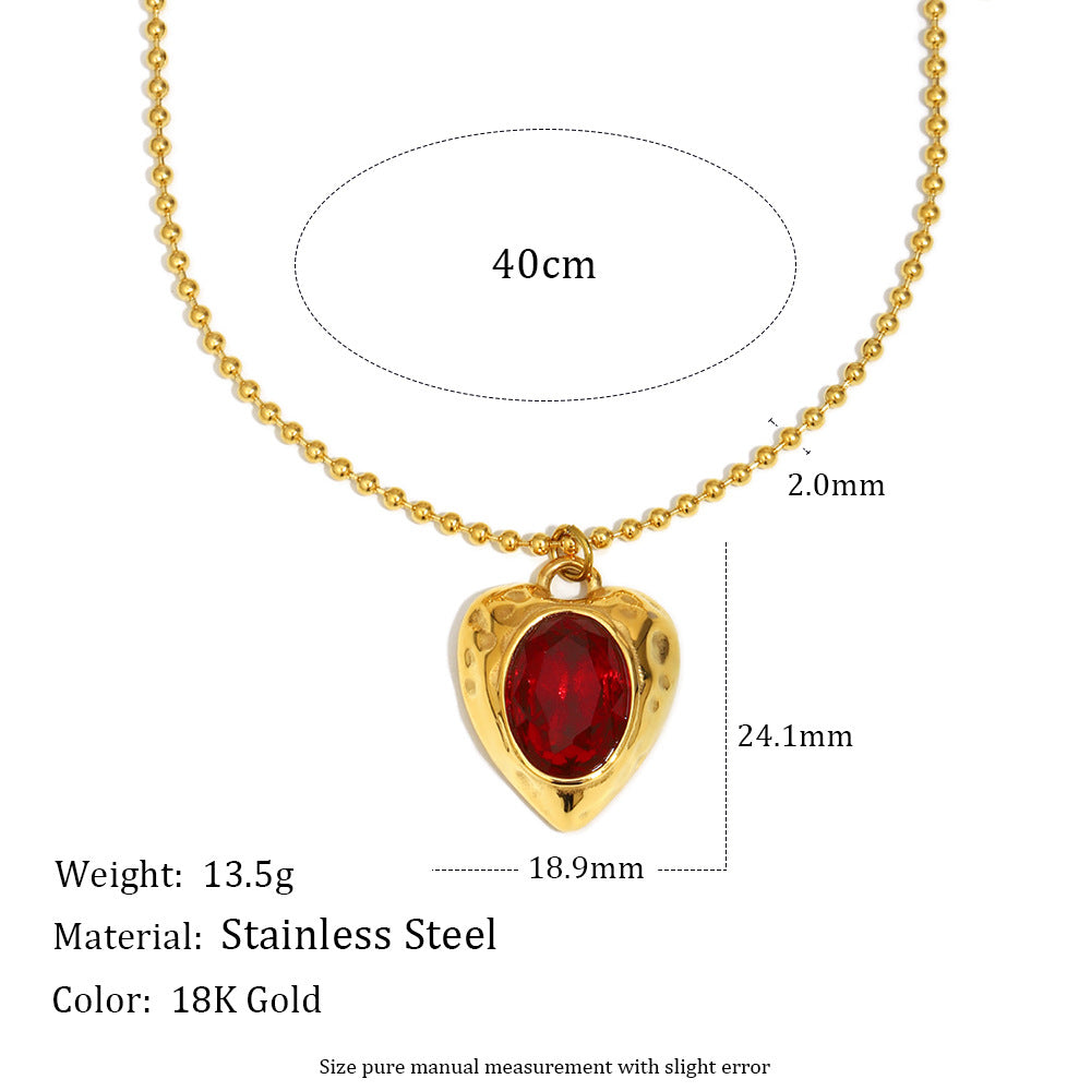 Luxury Vintage French-Style Stainless Steel 18K Gold Plated Ruby Heart Pendant Necklace with Beaded Chain