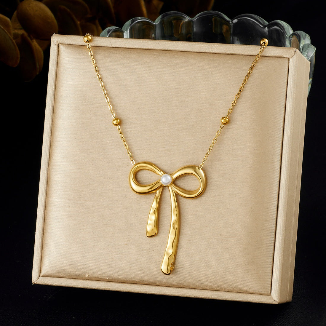 Irregular Bow Knot Heart Pendant Plated Stainless Steel Necklace with Chain Tassel for Women