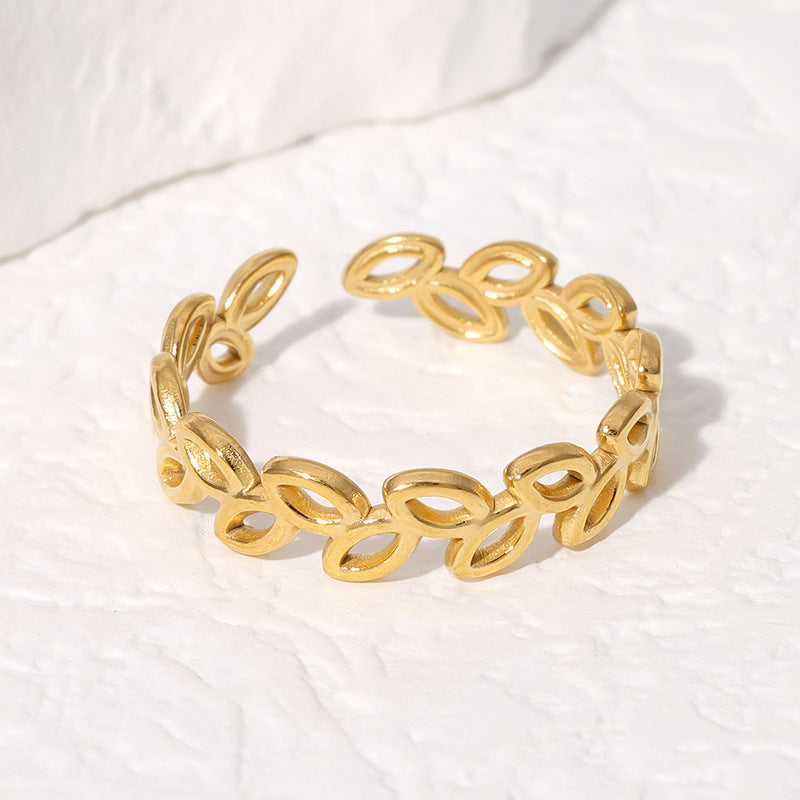 Minimalist Leaf-Shaped Titanium Steel Ring for Women with Plated Finish and Adjustable Open Band