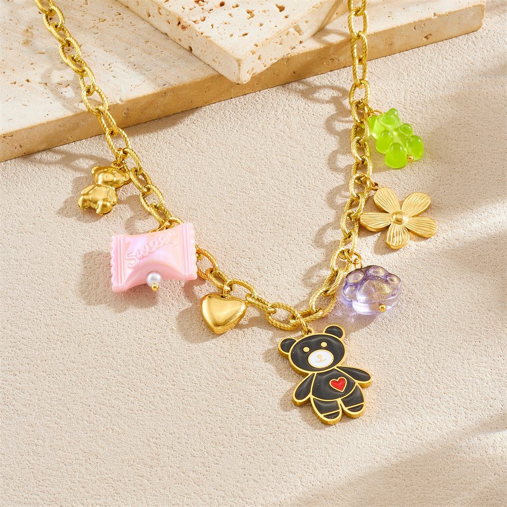 Casual Cartoon Floral Heart Animal Drip Oil Gold Plated Stainless Steel Pendant Necklace with Cable Chain