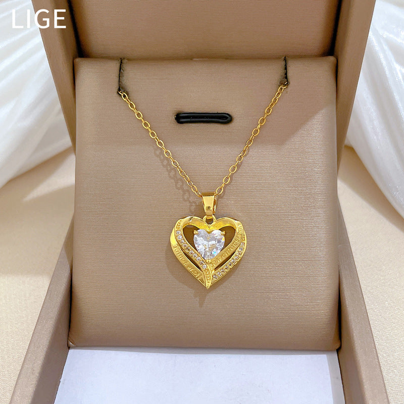 Sweet Minimalist Hollow Double-Layer Heart Rhinestone Titanium Steel Necklace for Women and Men