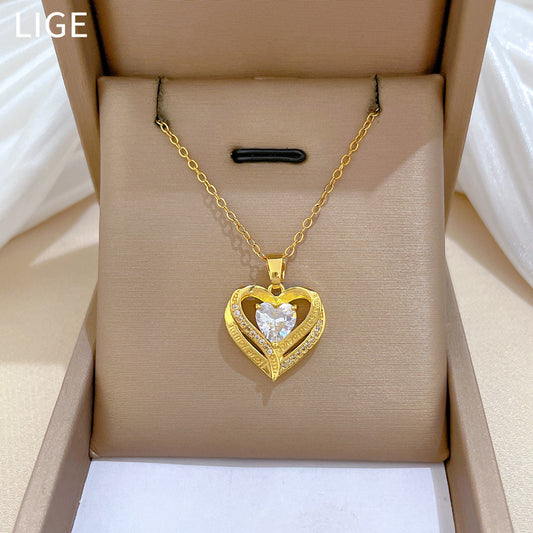 Sweet Minimalist Hollow Double-Layer Heart Rhinestone Titanium Steel Necklace for Women and Men