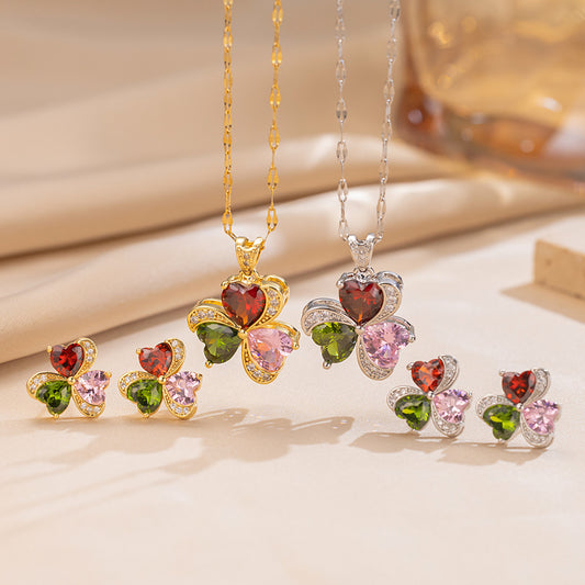 Elegant Minimalist Heart-Shaped Titanium Steel Necklace and Earrings Set with Rhinestone Inlay for Women
