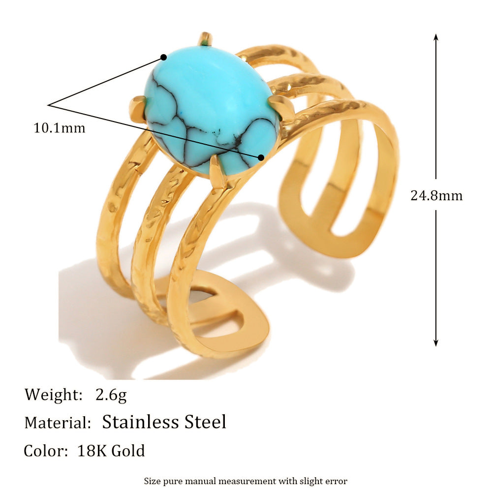 Anello Vintage Geometrico da Donna in Acciaio Inossidabile con Placcatura in Oro 18K e Intarsio Turchese