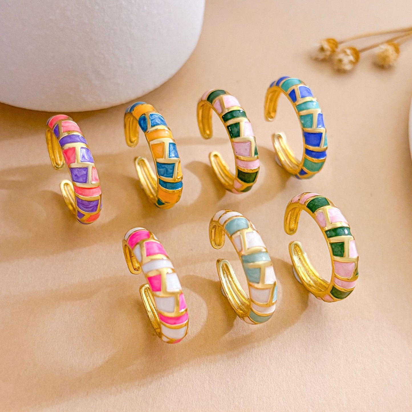 Minimalist Geometric Enamel Gold Plated Brass Ring with Polka Dot Pattern Adjustable Open Design for Women