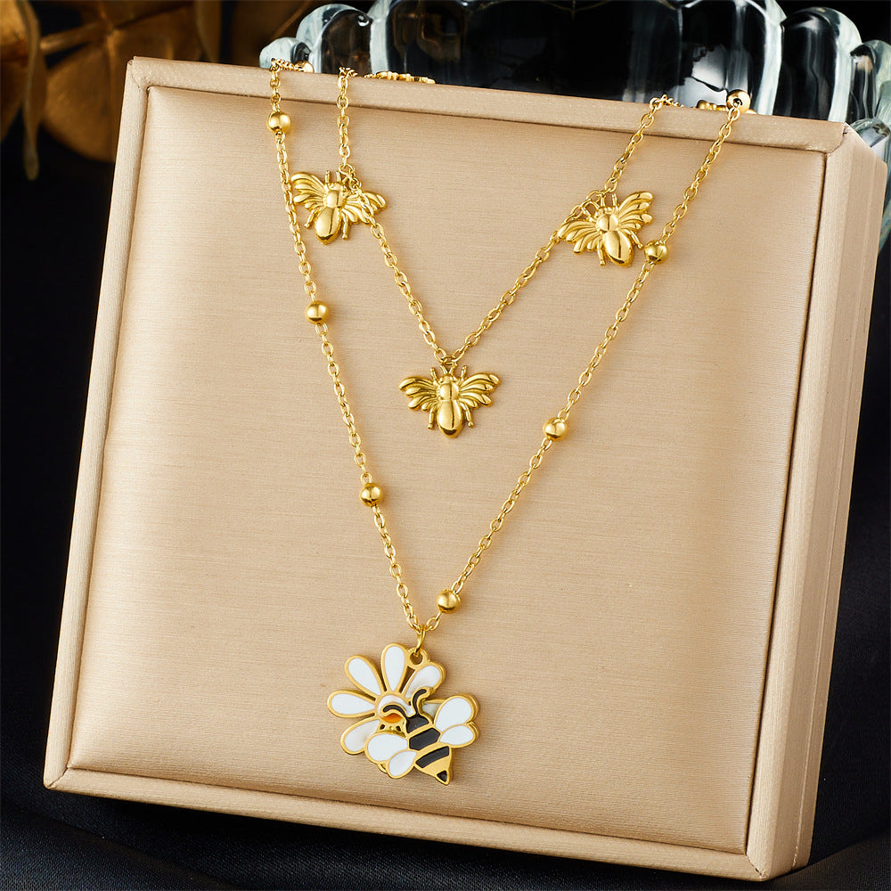 Sweet Drip Oil Floral and Bee Stainless Steel Layered Necklace for Women