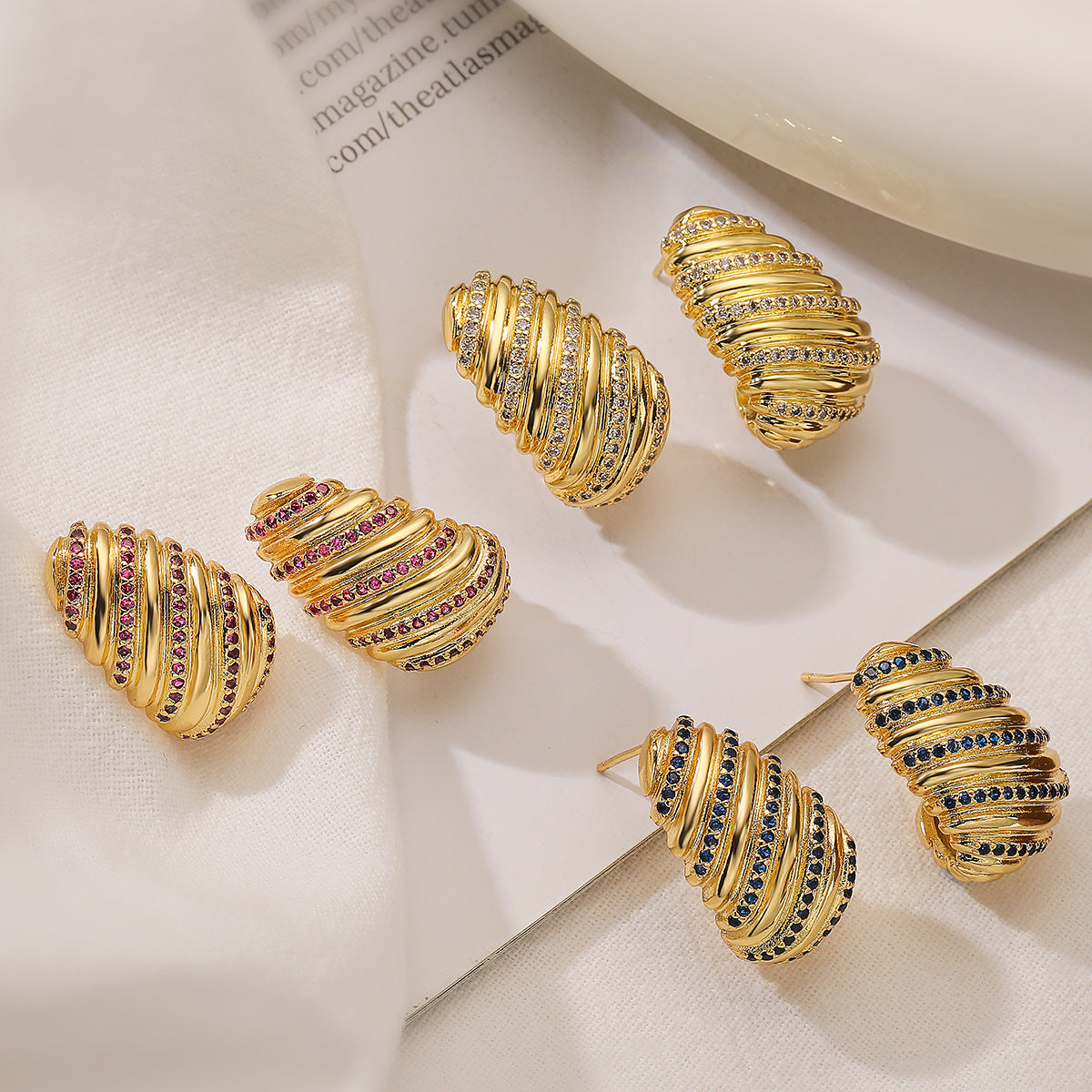 Minimalist Geometric Copper Earrings with 18K Gold Plating and Zircon Inlay for Women