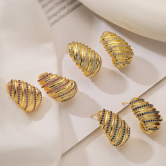 Pendientes de Cobre Geométricos Minimalistas con Baño de Oro de 18K e Incrustaciones de Circonitas para Mujer